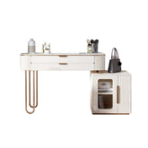 White modern makeup vanity table with LED lighted mirror and storage cabinet